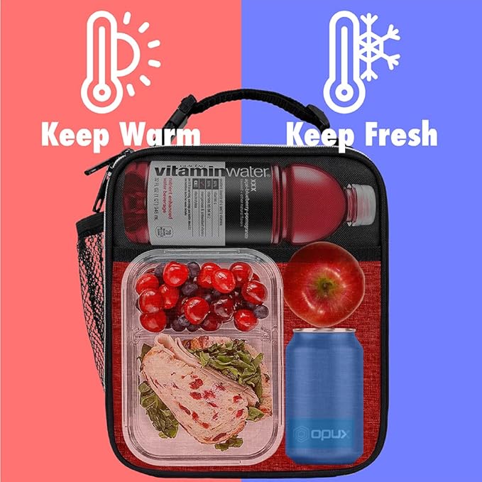 opux Premium Insulated Lunch Box, Soft School Lunch Bag for Kids Boys Girls, Leakproof Small Lunch Pail Men Women Work, Reusable Compact Cooler Tote Lunchbox for Office Adult, Heather Red