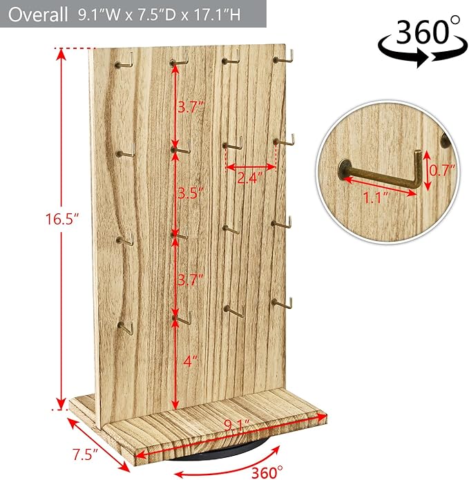 Ikee Design Wooden Rotating Two-Sided Jewelry Display Stand, Rotating Organizer with 32 Long Hooks for Store, Keychain Earring Display, Oak Color, 9.1W x 7.5 D x 17.1 H in