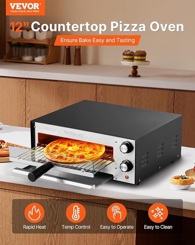 VEVOR Electric Pizza Oven, 12-inch Countertops Pizza Ovens, 572°F Max Temp, 1450W Indoor Pizzas Maker w/Timing & Temp Control, Pizza Cooker w/Dual Heat Tube, Crumb Tray, for Diner and Home Kitchen