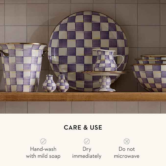 MACKENZIE-CHILDS Enamel Abundant Bowl, Decorative or Serving Bowl, 13-Cup Capacity, Purple-and-White Violet Check