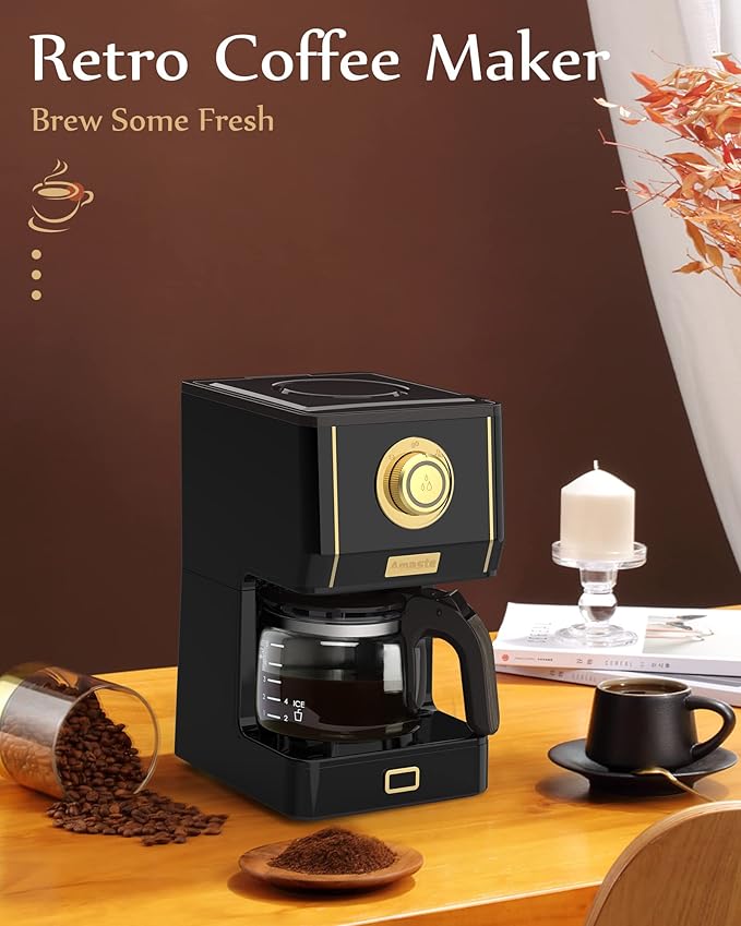 Amaste Coffee Maker, 25 Oz Drip Retro Style Coffee Machine with Glass Coffee Pot with Reusable Coffee Filter & Three Brewing Modes, Warming Plate, CM 1003AE-Black