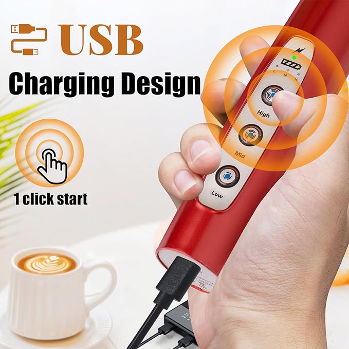 Nahida Red Milk Frother Wand for Coffee - Rechargeable Handheld Electric Whisk with 3 Heads, 3 Speeds - Drink Mixer for Latte, Cappuccino, Hot Chocolate