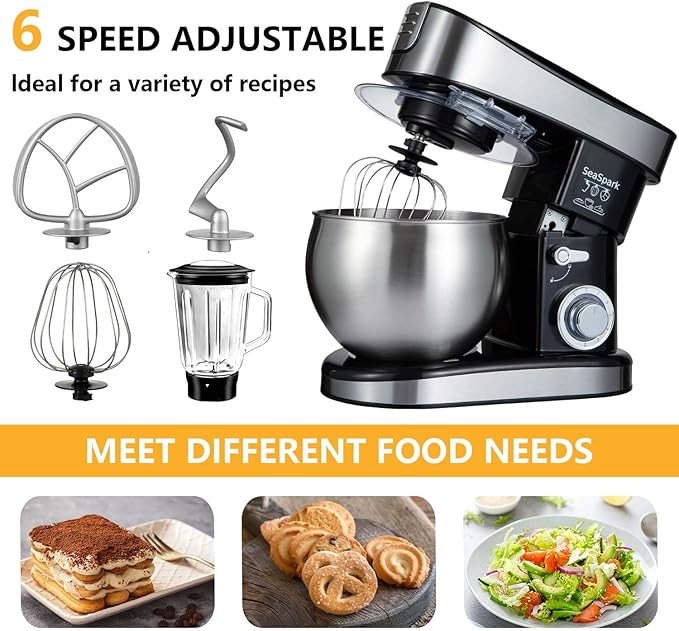 Multifunctional Stand Mixer, 6 in 1 Stand Mixer, 6.3Qt Tilt-head, Standing Mixer with Stainless Steel Bowl, Meat Grinder, Juice Blender, for professional Baking and Most Home Cooks, Black