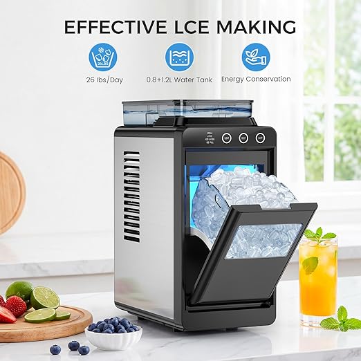 COWSAR Ice Maker Countertop, Portable Ice Machine with External Water Tank, 8 Cubes in 6 Mins, 26 lbs/24Hrs, Self-Cleaning Quiet Compact Commercial Ice Makers for Home, RV, Camping, Black