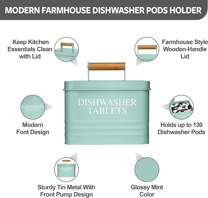 Calindiana Modern Farmhouse Metal Dishwasher Pods Container with Lid for Kitchen Organization and Storage, Kitchen Essentials Decor Accessories, Dishwasher Pods Holder, Mint