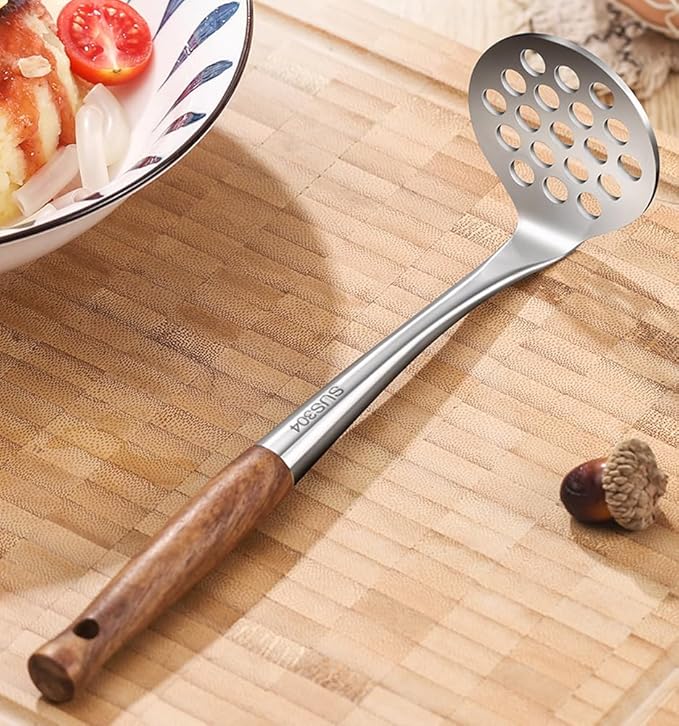 Avocado Masher Stainless Steel Small, Mini Potato Masher, Wooden Handle Potatoes Masher Kitchen Tool for Avocado, Potatoes, Beans, Vegetables, 8.7Inch Metal Mashing Utensil