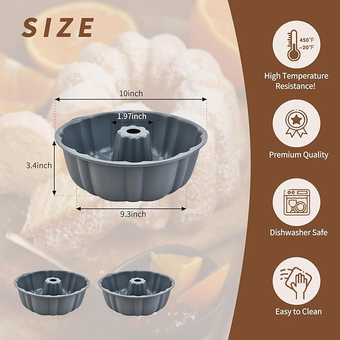 PADELE 2 Pack Silicone Cake Pan Nonstick,10 Inch, Silicone Cake Molds,Pound Cake Pan, Baking for Jello,Gelatin,Cake,Brownie and Bread (Grey+Grey)
