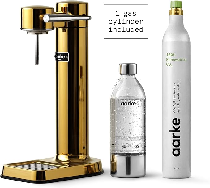 Aarke Carbonator lll with CO2 Cylinder, Sparkling & Carbonation Water Machine, Stainless Steel with PET BPA-Free Reusable Bottle Volume 1L/34 fl oz (Gold)