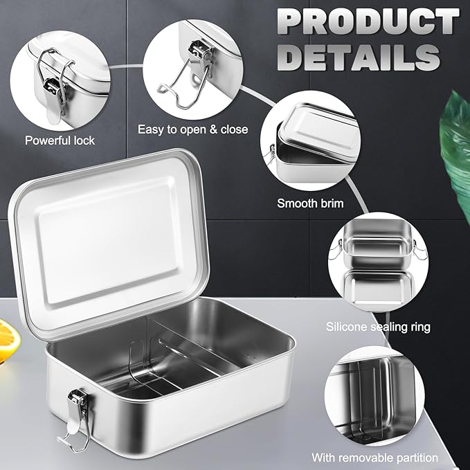 Umigy 5 Pcs Stainless Steel Food Containers 550/850/1200/1400/2400 ml Metal Bento Lunch Box Stainless Steel Food Storage Containers, Lockable Clips to Leak Proof, Reusable Dishwasher Snack Boxes
