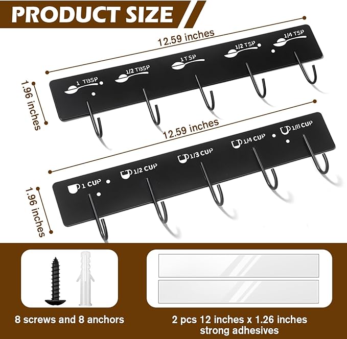 2 Pack Measuring Cups and Spoons Hanging Rack, Black Hanging Cups and Spoons Rack, Space Saving Kitchen Utensil Holder, Including Screw and Adhesive Mounting