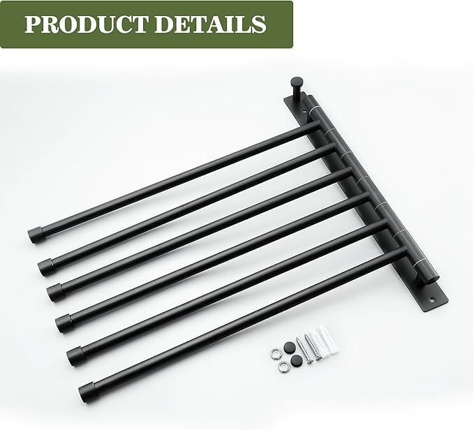 Alise Swivel Towel Rack, SUS304 Stainless Steel 6 Arms Towel Bar, Space Saving Swing Out Towel Bar with Hook, Towel Racks Wall Mounted for Bathroom, Matte Black
