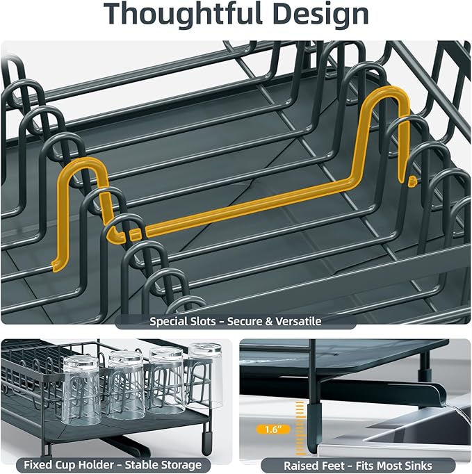 Urackify Large Dish Drying Rack, Expandable Dish Racks for Kitchen Counter, Multifunctional Dish Drainer with Utensil Holder & Cup Holder, 18.5"-26.7" L x 12.7" W, Dark Slate Gray