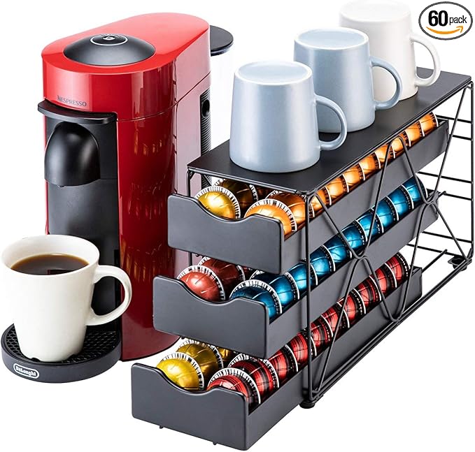 FlagShip for Nespresso Pod Holder Vertuo Pod Drawer Large Mullti Tier Coffee Pod Holder(3 Tier (60Pods Capacity))