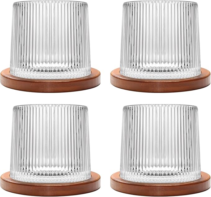 Rotatable Old Fashioned Glass, 275ml/10oz Crystal Whiskey Glass Set of 4, Wood Coaster, Thickening, Used as Rum Glass, Cocktail Cup, Coffee Cup, Milk Cup to Relax and Reduce Stress, Christmas gifts