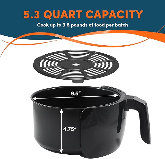 Elite Gourmet EAF5317D Digital 5.3Qt Hot Air Fryer 7 Menu Functions 1350W Oil-Less Healthy Cooker, Timer & Temperature Controls, PFOA/PTFE Free, Black