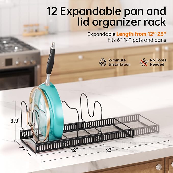 MUDEELA Expandable Pots and Pans Organizer Rack under Cabinet, Pots Lid Organizer Rack for Kitchen Cabinet Organizers and Storage with 12 Adjustable Dividers Cutting Board Holder & Anti-Scratch Strips