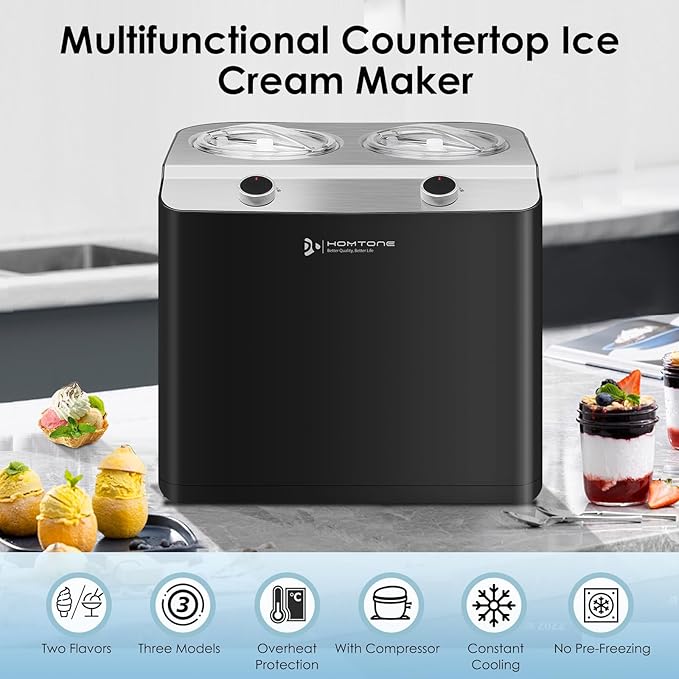 Homtone 2 Flavor Ice Cream Maker,Automatic Compressor Ice Cream Maker Machine with 2 Bowls,2.6QT (2 x 1.3qt) Largest Capacity & Fastest Freezing Ice Cream Machine, 3 Modes, Keep Cool Function