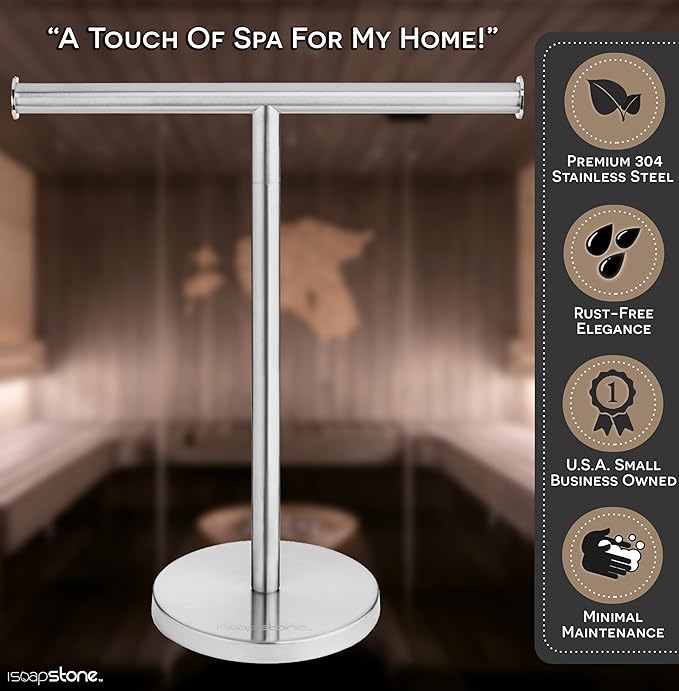 Luxury Hand Towel Holder Stand with Heavy Base, SUS 304 Stainless Steel Towel Rack, T-Shape, Freestanding Towel Stand for Bathroom Vanity or Kitchen Countertop, Waterproof Counter Organizer