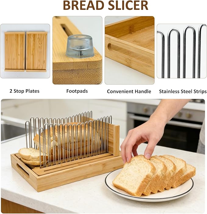 Bamboo Bread Slicer for Homemade Bread by Forest Manor - Adjustable Width Stainless Steel Slicing Guides & Crumb Tray -Sourdough Bread, Cakes, Loaves, Bagel Slicer - Kitchen Baking Tools & Gifts