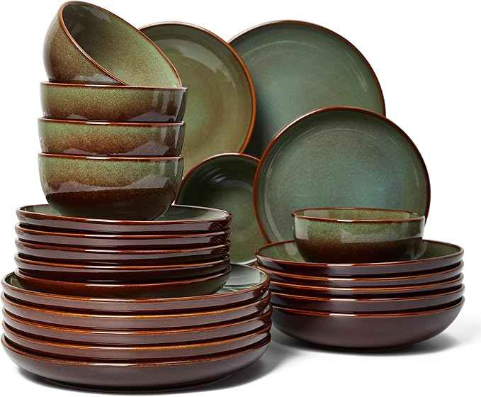 24 Piece Double Bowl Dinnerware Sets with Pasta Bowls, Highly Chip and Crack Resistant Plates and Bowls Sets, Natural Earthyware Ceramic Dishware Sets, Service for 6 Brown Green