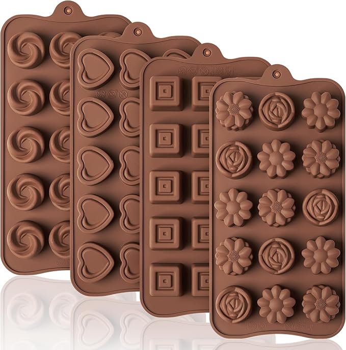 Puyeipt 4 Pcs Silicone Chocolate Molds, Non-Stick Candy Molds for Making Bite Size Chocolates, Candies, Truffles, Gummies, Jelly (Heart, Sunflower, Rose, Square, Swirl Shaped)