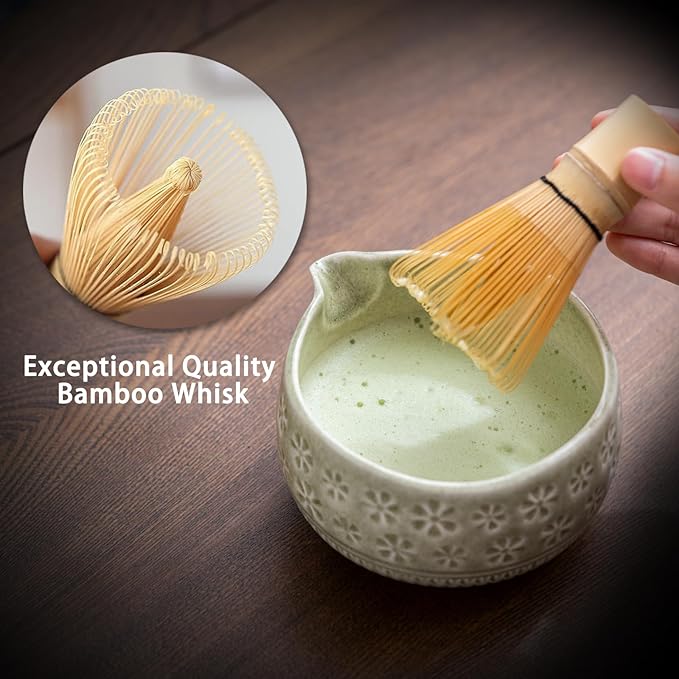 Buucup Matcha Whisk Set, Ceramic Matcha Kit Set Includes Matcha Bowl, Matcha Whisk and Holder, Bamboo Scoop, Scoop Rest, Sifter and Tea Towel - 7 Pcs Matcha Kit for Matcha Lovers (Mottled Green)