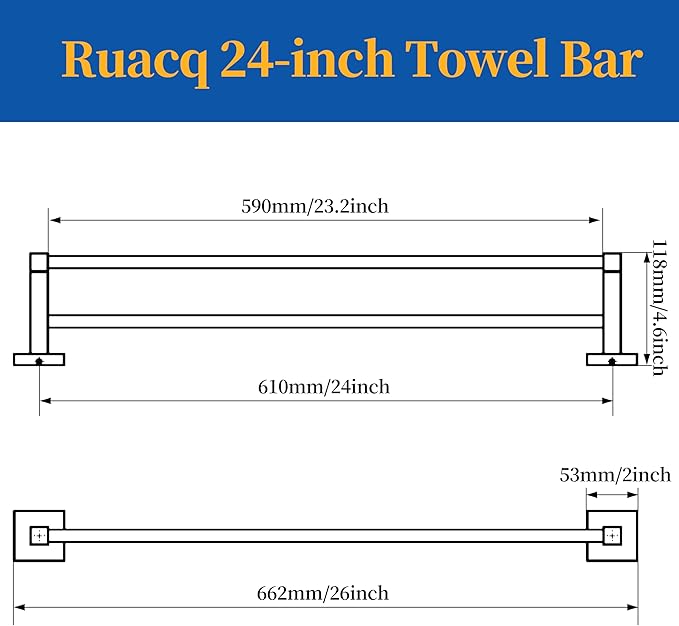 RUACQ Double Towel Bar, 24 Inch Towel Racks for Bathroom Wall Mounted, 304 Stainless Steel Bath Towel Rod with Square Base(Matte Black)