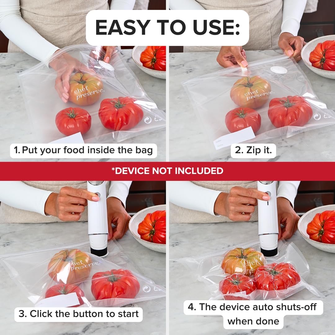 Chef Preserve Reusable Vacuum Sealer Bags for Food – 30 BPA-Free Large (12 x 13 in) Food Storage Bags, Freezer, Microwave – Odor-Resistant, Leak-Proof – Compatible with Chef Preserve Vacuum Sealers
