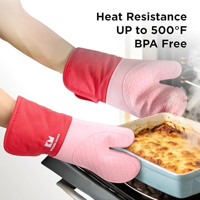 Kitchen Mama UltraShield Silicone Oven Mitts – Heat Resistant, Non-Slip Surface, Durable, Safe, Pot Holders, FlexiblWaterproof Glove Set, Perfect for Cooking, Baking, Grilling, BBQ (Red)