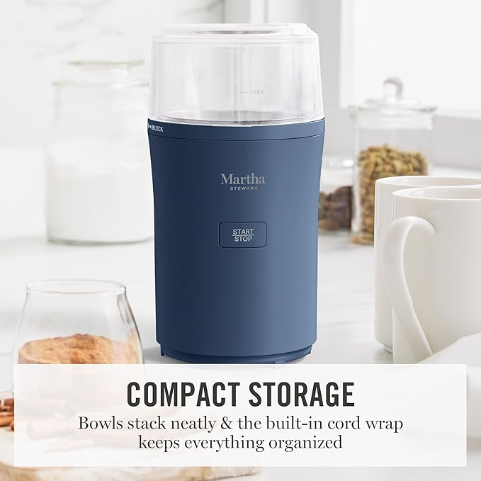 Martha Stewart Electric Coffee & Spice Grinder, Dual 2.5oz Removable Bowls, Storage Lids, Stainless Steel Blades, One Touch Pulse Control, 2-in-1 Compact, Beans & Spices, Herbs & Nuts, Indigo Blue