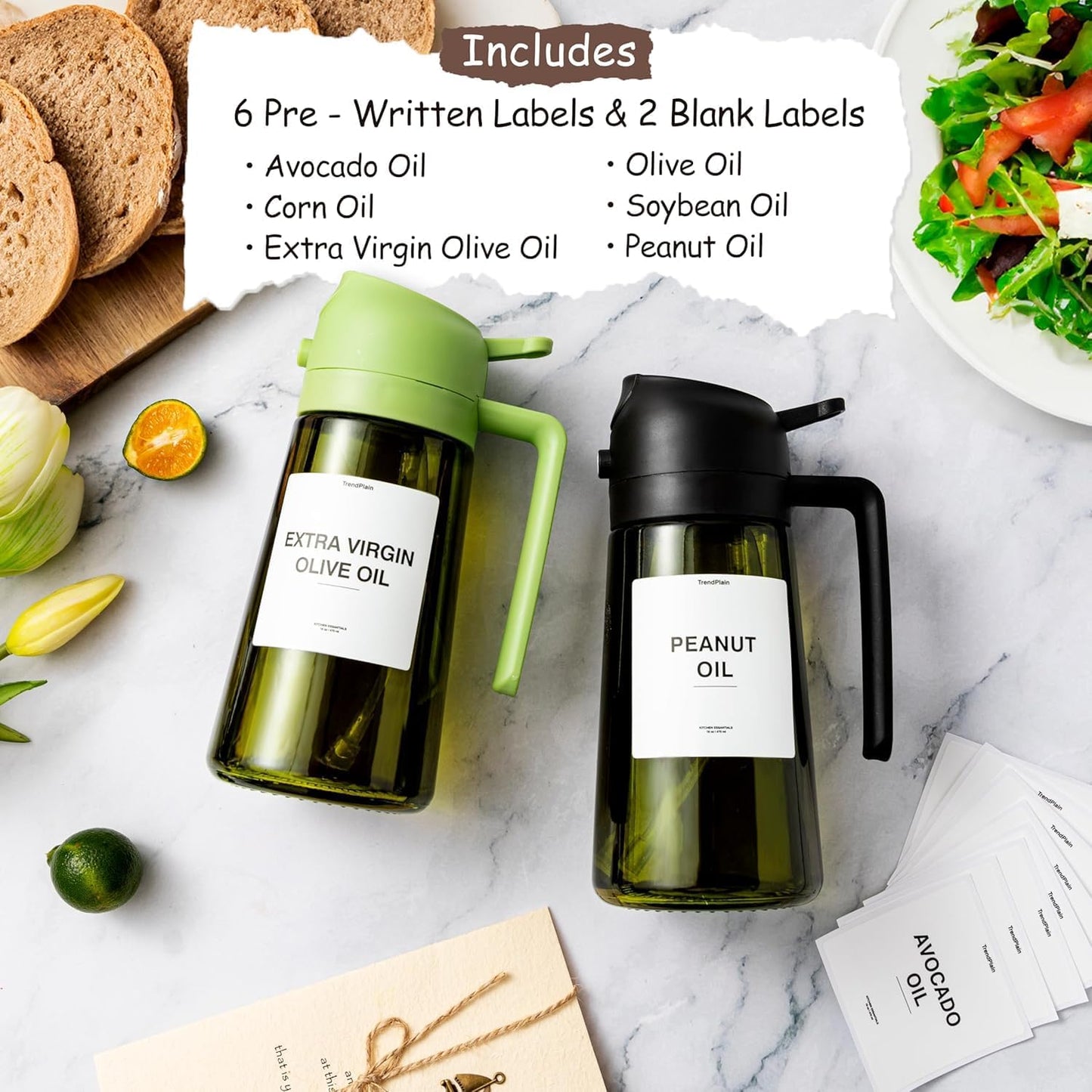 TrendPlain - Original 16oz/470ml Olive Oil Dispenser Bottle for Kitchen Gadgets and Air Fryer Accessories - Olive Oil Sprayer for Cooking w/Stickers - Black&Ash