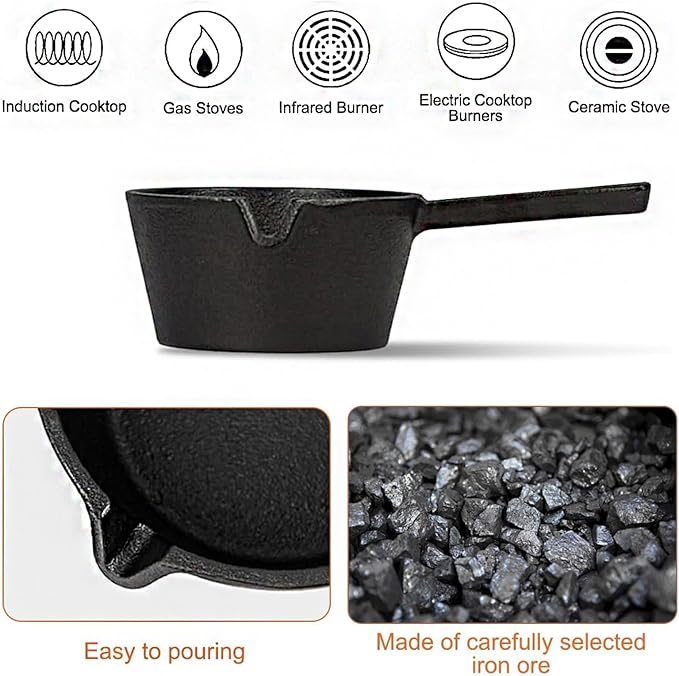 BBQ Mop Brush and Cast Iron Sauce Pot Set, 11-in-1 Value Pack includes 2Pcs Wooden Long Handle, 6 Brush Heads, 1 Cast iron BBQ Pan and 2 Silicone Brushes for Grilling all Types of Ingredients