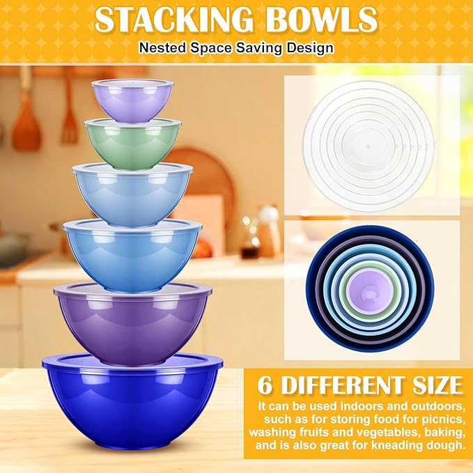 LemonRoad 6 Pcs Plastic Mixing Bowl Set with Lids Colorful Serving Bowl Nesting Storage Bowls for Kitchen, Baking, Prepping, Cooking and Serving Food, Dishwasher & Microwave Safe (Dark Blue)