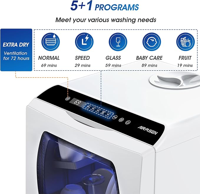AIRMSEN Portable Countertop Dishwashers, 5 Washing Programs Mini Dishwashers with 5 L Built-in Water Tank and Double-layered Glass Door, No Hookup Needed for Home, Apartments & RVs