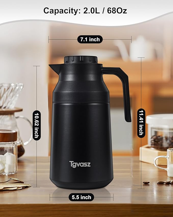 Thermal Coffee Carafe Insulated Stainless Steel Coffee Carafe for Hot Liquid Vacuum Thermal Pot Creamer Pitcher Dispenser Keeping Hot Water Milk (Black 68 oz)