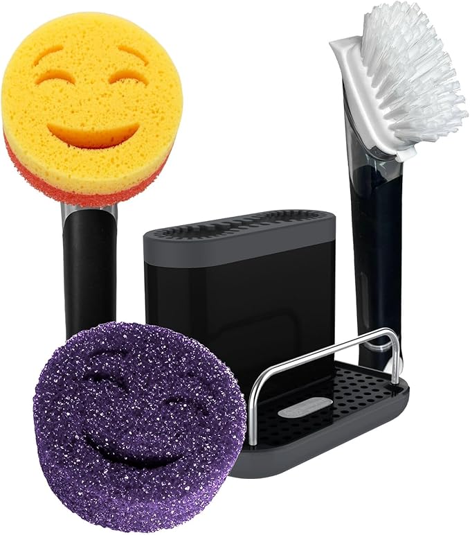 The Original Smiling Handle with Soap Dispensing for Scrub Daddy Sponges & Scrub Moji Sponges with Smilyeez Smile Caddy & Dishwand with 2 Scrub Brushes (Black)