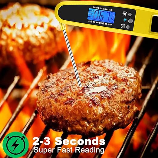 Instant Read Meat Thermometer for Kitchen Cooking, Ultra Fast Precise Waterproof Digital with Backlight, Magnet and Foldable Probe for Food,Deep Fry, Outdoor BBQ, Grill(Yellow)