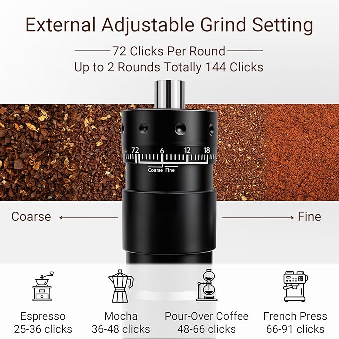Manual Coffee Grinder with Numerical External Adjustable Setting Stainless Steel Conical Burr Hand Crank Coffee Mill for Cold Brew Espresso French Press Pour Over Drip with Foldable Handle- Black