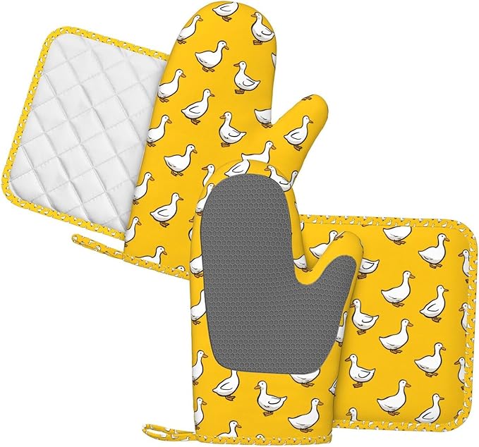 Oven Mitts and Pot Holders Set, Yellow Duck Pattern Silicone Kitchen Accessories 4 Piece Heat Resistant Long Gloves Potholder Non-Slip Grip for Chef Cooking Baking Grilling BBQ