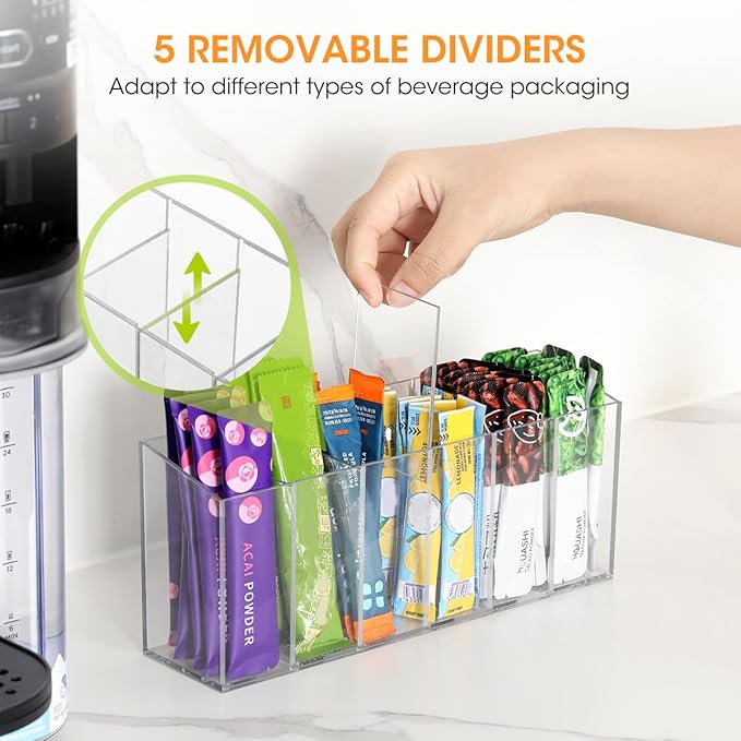 AIEVE 2 Pack Drink Packet Organizer, Water Drink Packet Holder with Removable Dividers for Pantry Organizers and Storage, Water Flavor Powder Mix Holder for Kitchen Storage Organization