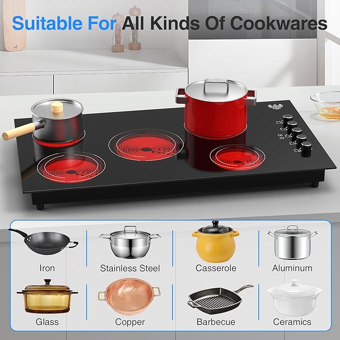 VBGK Electric Cooktop 36 inch,Built-in 36 inch Electric Cooktop 8000W Power Control by Knob, 36 induction cooktop with 9 Power Levels with Child Safety Lock, Timer,Over-Temperature 220V-240V.