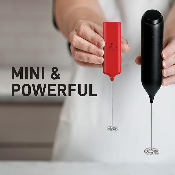 Mini & Mighty Milk Frother Wand – Powerful Handheld Coffee Frother, Battery Operated Drink Mixer – Compact Pocket Size – Detachable Whisk for Latte, Cappuccino, Matcha, Hot Chocolate – Red
