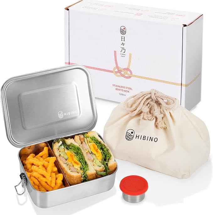 HIBINO Stainless Steel Bento Box 1200ml | Leakproof Bento Box for Adults | Removable Divider | Includes Sauce Container & Cotton Kinchaku Bag | BPA-Free | Designed in Japan