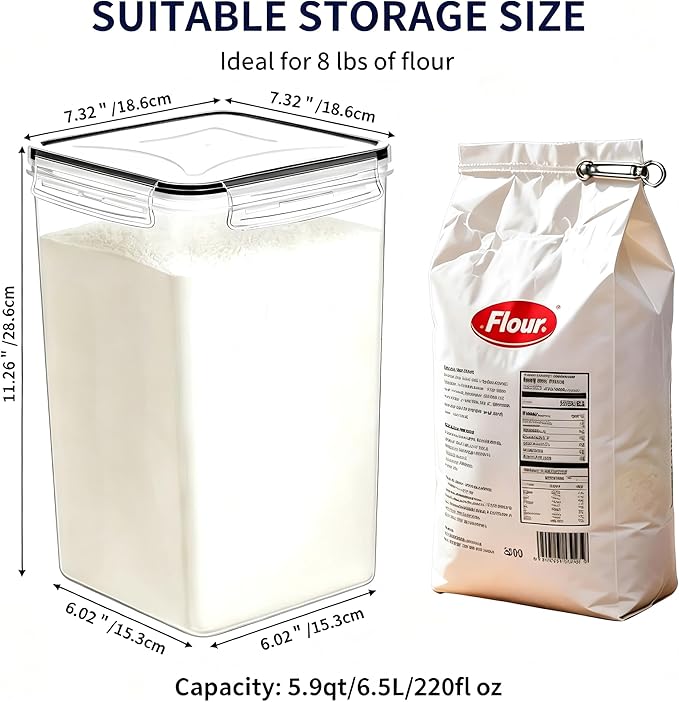 4 Pieces 6.5L / 220 oz Large Food Storage Containers, BPA Free Plastic Airtight Canisters for Flour, Sugar, Baking Supplies, Rice with Lids, Measuring Cups and Labels, Black