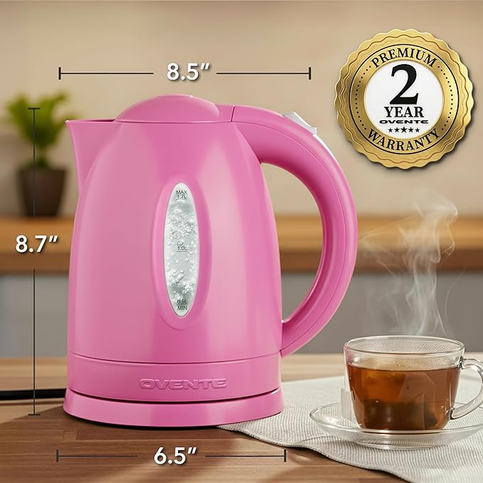OVENTE Electric Kettle, 1.7L Fast Boiling Water Heater for Coffee or Tea, BPA Free with Water Level Gauge, Auto Shut-Off, Boil-Dry Protection, Indicator Light and Removable Filter, Pink KP72P