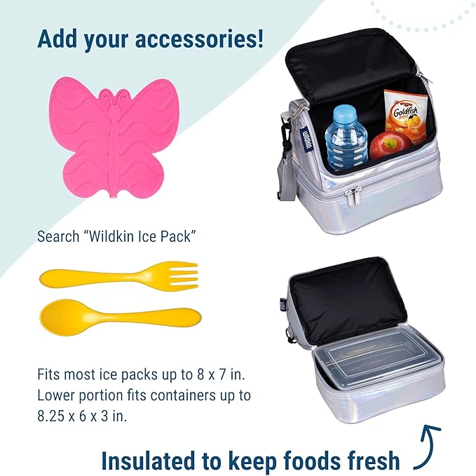 Wildkin Kids Two Compartment Insulated Lunch Bag – Keeps Food Hot or Cold, Easy-Clean Lining, Leak-Resistant & BPA-Free – Boys & Girls, Ideal for School, Travel & Daycare – Holographic