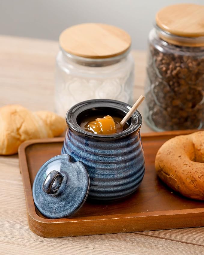 Ceramic Honey Pot with Lid and Honey Dipper, 12 oz Honey Jar and Wooden Dipper, Pottery Honey Container for Home, Cute Honey Dish, Dishwasher Safe, Blue