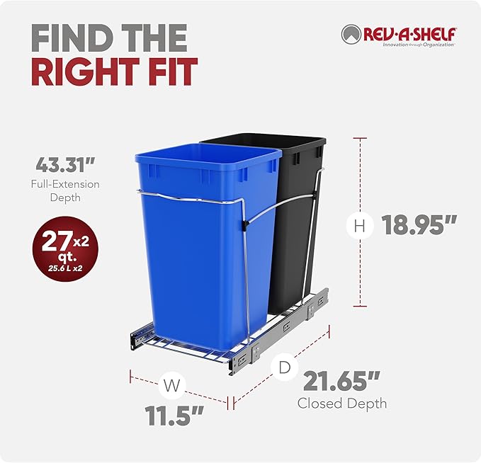 Rev-A-Shelf Pullout Trash Can for Kitchen Cabinets 27 Qt Garbage Recycling Bin with Full Extension Slides, Blue/Black, RV-15KD-2218C-S