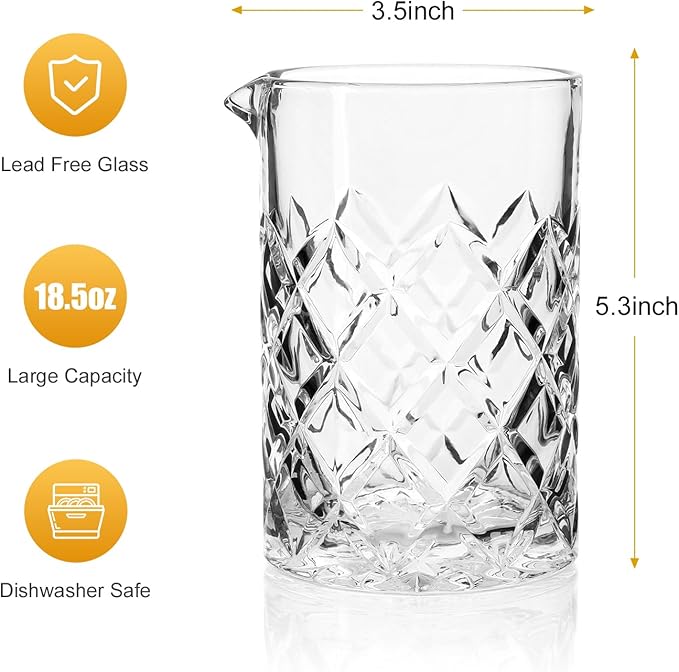 2 Pack Cocktail Mixing Glass, 18.5oz Crystal Mixing Glasses, Thick Bottom Accessories for Whiskey Manhattan Martini