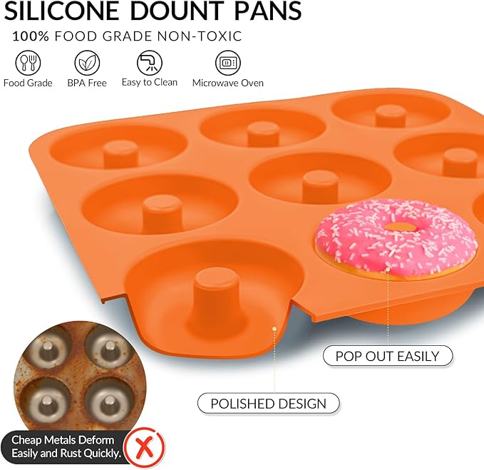 Large Silicone Donut Pan for Baking, 9 Cavity Non-Stick Food Grade Silicone Donut Molds, Doughnut Pan and Bagel Pans for Baking & Kitchen, BPA Free 11.2 x 11.1 Inches, Dishwasher Safe - Orange